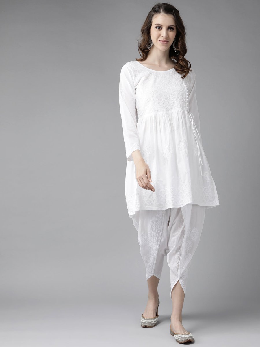 ADA Women White Cotton Sustainable Hand Embroidered Chikankari A-line Handloom Kurta & Dhoti Pants | Swadesiicart