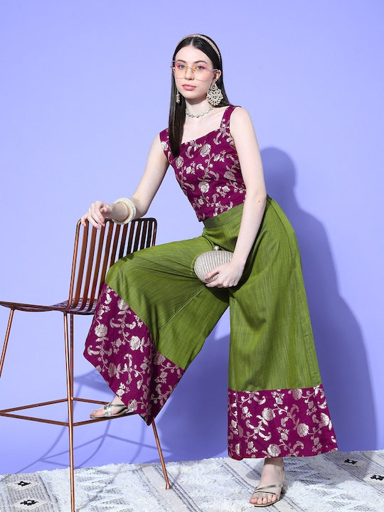 InWeave Women's Wine Brocade Strappy Top W Olive Wine Brocade Palazzo Set - Swadesiicart