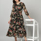 Souchii Black & Pink Floral Chiffon Midi Dress - Swadesiicart