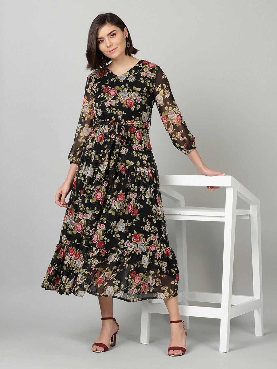 Souchii Black & Pink Floral Chiffon Midi Dress - Swadesiicart