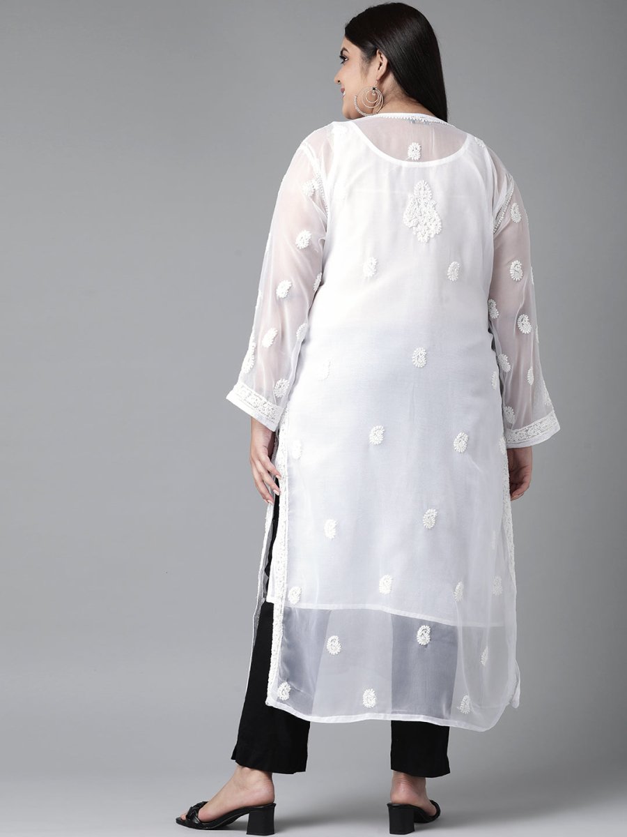 ADA Women Plus Size White Chikankari Embroidered Handloom Kurta with Inner | Swadesiicart
