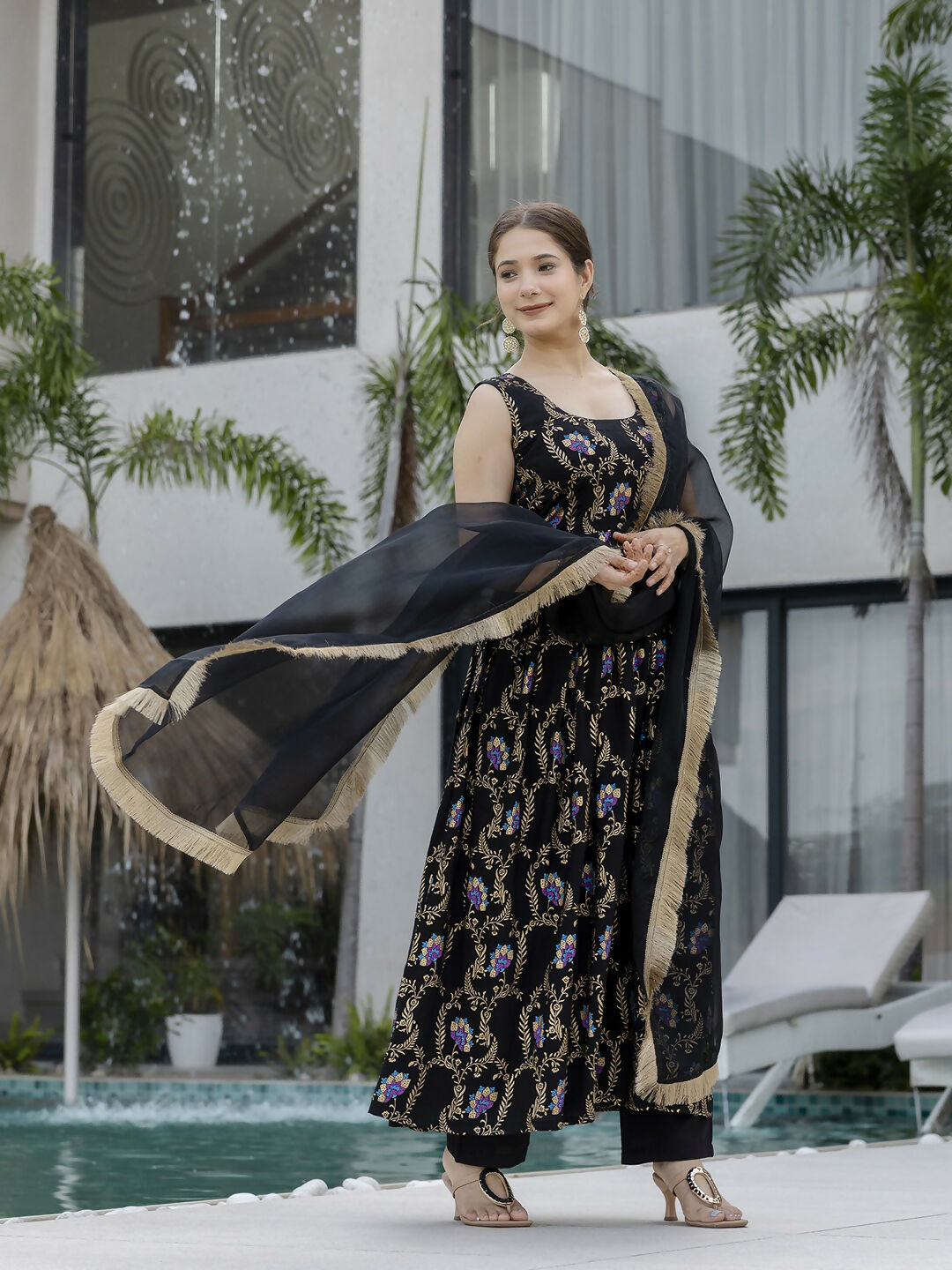 The52 Black Women's Gorgeous Printed Muslin Fabric Flared Kurta Pant and Dupatta Set - Swadesiicart