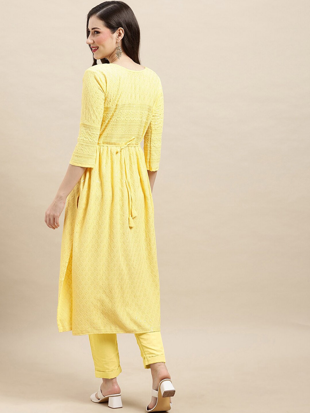 Sangria Yellow Ethnic Motifs Embroidered Chikankari A-Line Kurta | Swadesiicart
