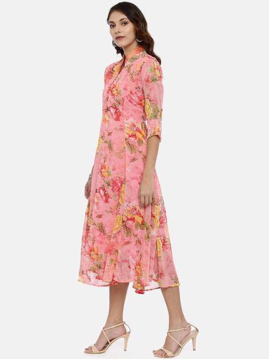 Souchii Women Pink Floral Printed A-Line Dress - Swadesiicart
