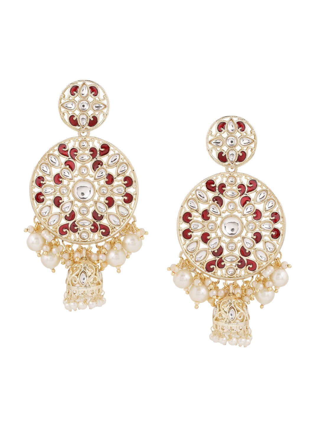 Shoshaa Maroon Contemporary Gold-Polished Kundan Drop Earrings With Jhumkas Earrings Sets | Swadesiicart