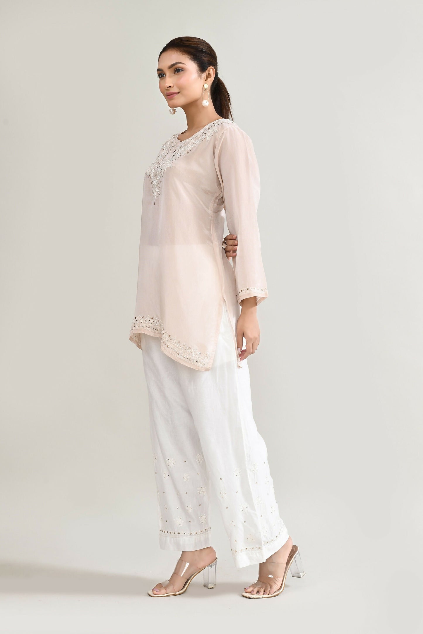 Joban Fashion Womens Cotton ChikanKari Off White Cord set - Swadesiicart