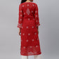 ADA Women Red & White Hand Embroidered Chikankari Sustainable Handloom Kurta With Matching Slip | Swadesiicart