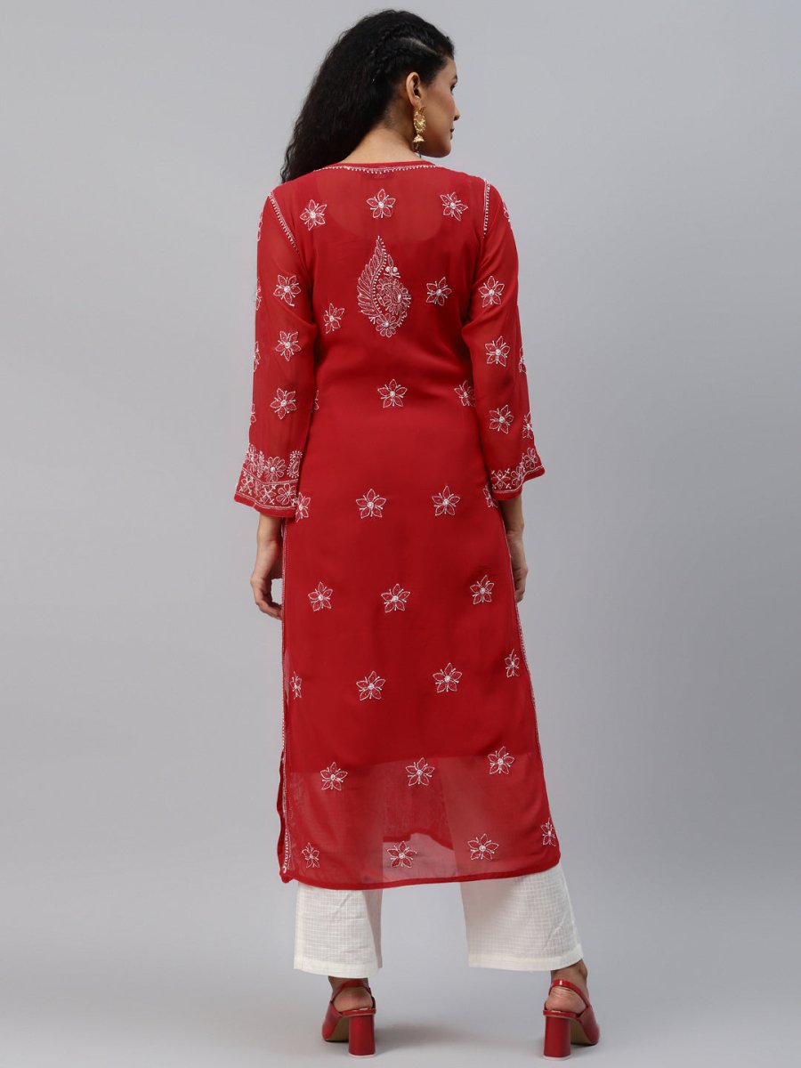 ADA Women Red & White Hand Embroidered Chikankari Sustainable Handloom Kurta With Matching Slip | Swadesiicart