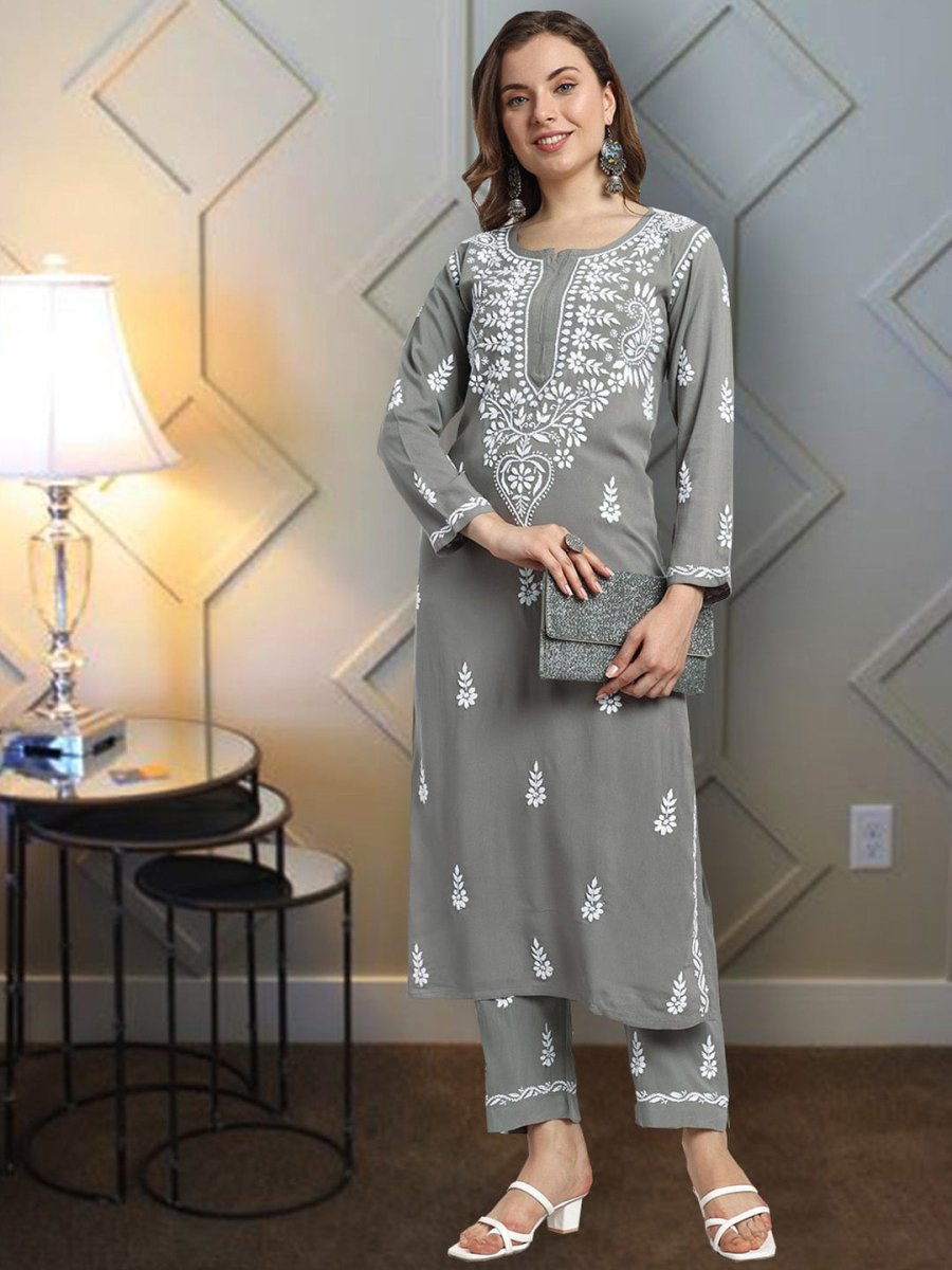 ADA Ethnic Motifs Embroidered Lucknowi Chikankari Kurta with Trousers | Swadesiicart