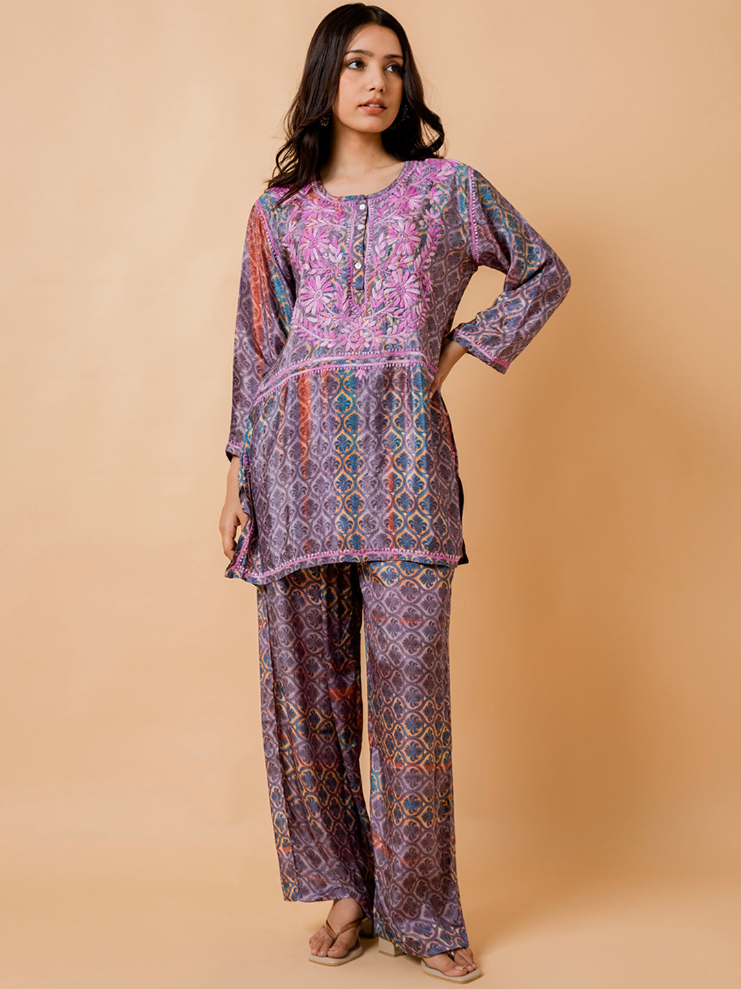 HOUSE OF KARI Floral Embroidered Regular Chikankari Straight Kurta with Palazzos | Swadesiicart