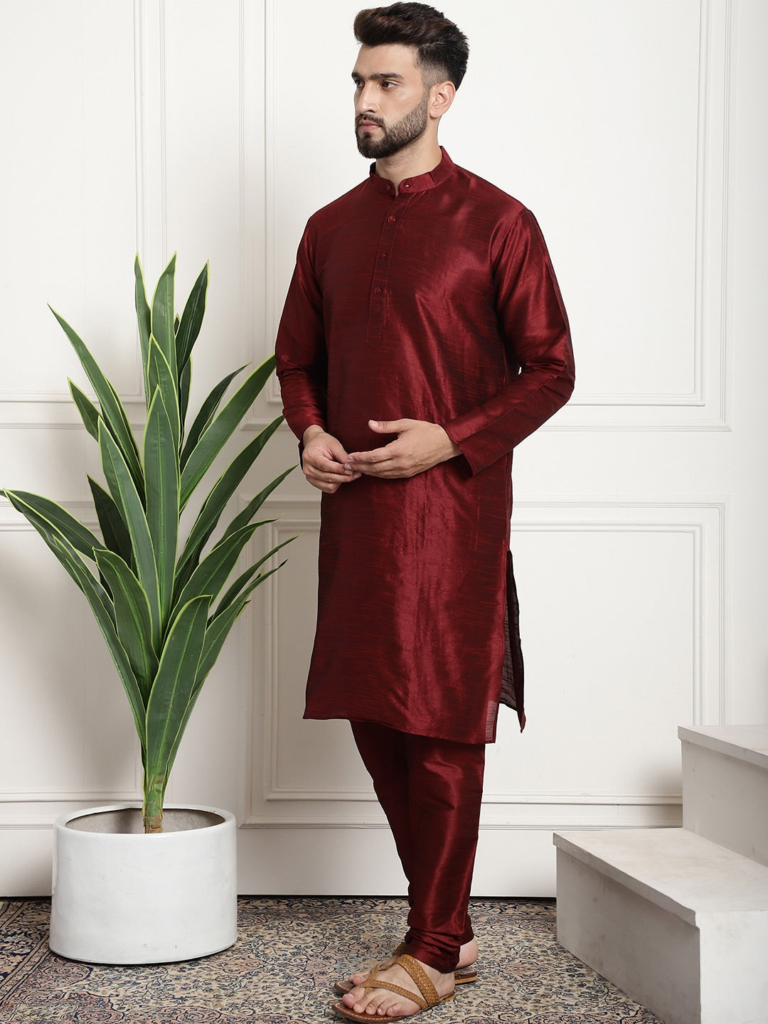 Sojanya Men Maroon & Beige Solid Kurta with Churidar & Printed Nehru Jacket | Swadesiicart
