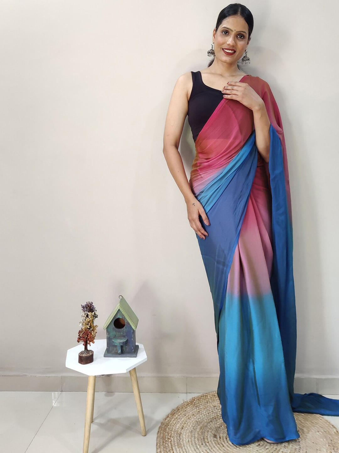 Mitera Pink & Blue Ombre Ready To Wear Saree | Swadesiicart