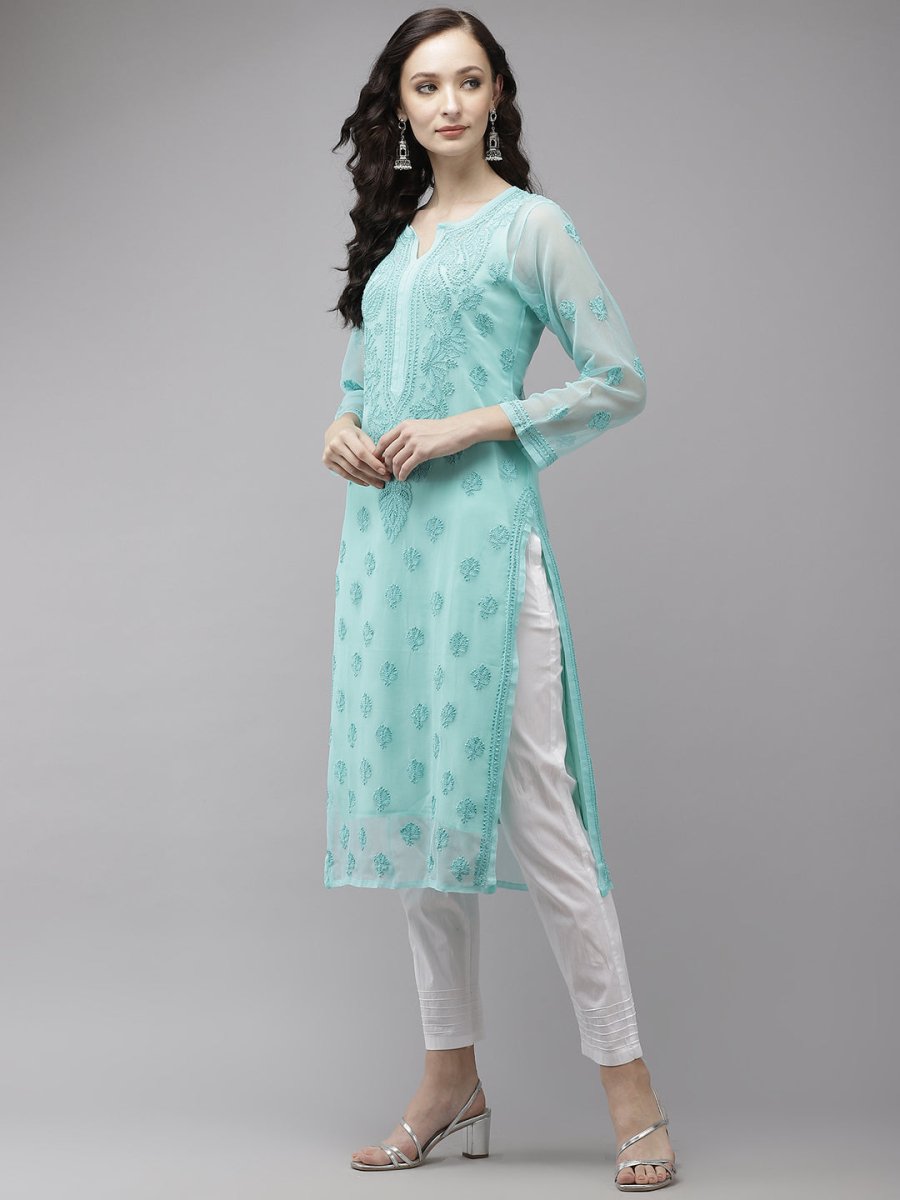 ADA Women Sea Green Embroidered Regular Chikankari Handloom Kurta with Trousers | Swadesiicart