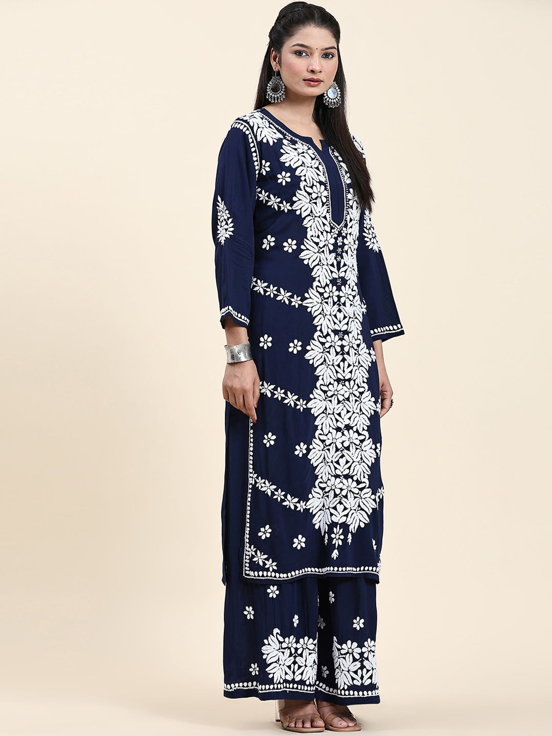 HOUSE OF KARI Ethnic Motifs Embroidered Chikankari Cotton Kurta & Palazzos | Swadesiicart