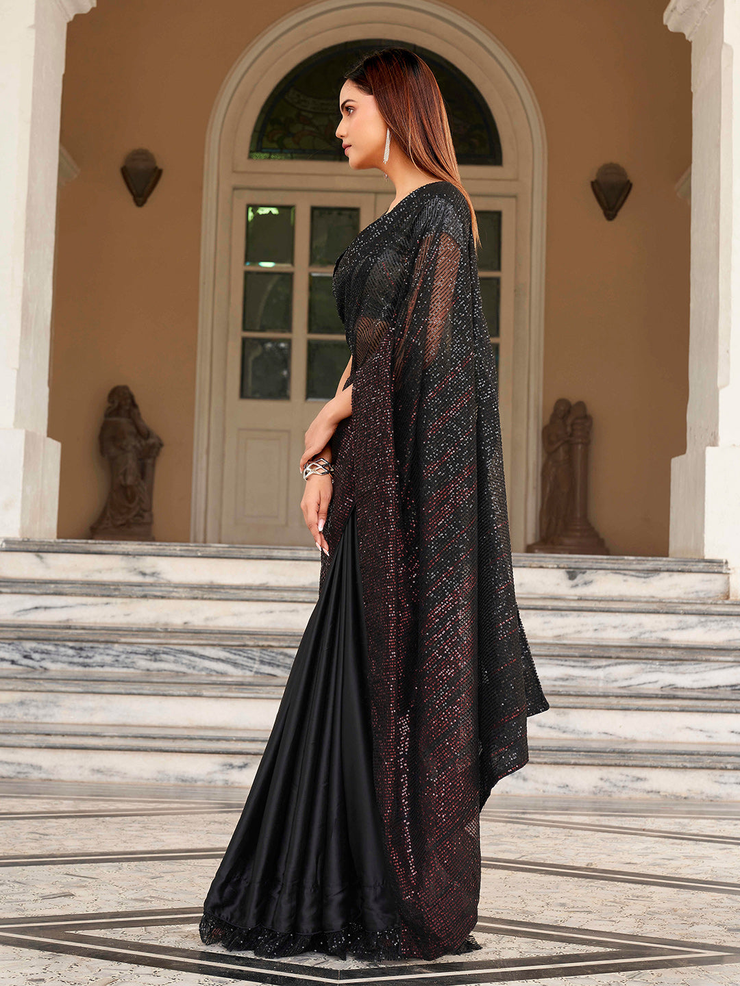 Tikhi Imli Sequinned Satin Heavy Work Saree | Swadesiicart