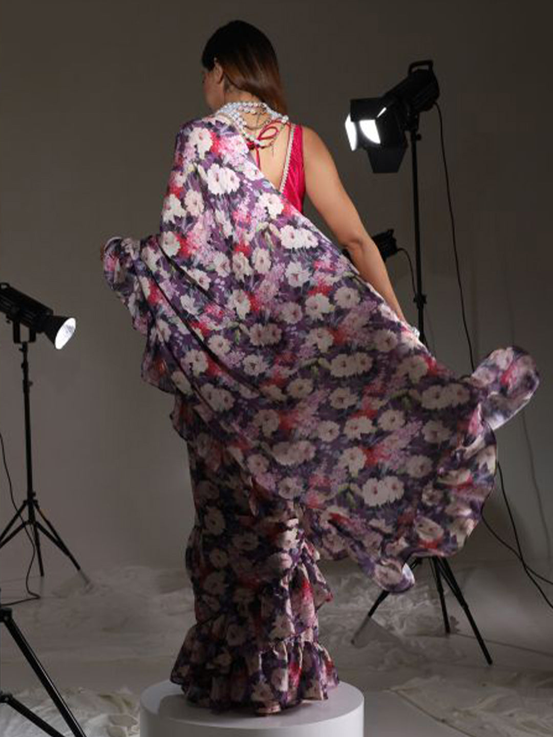 Tikhi Imli Floral Printed Satin Saree | Swadesiicart