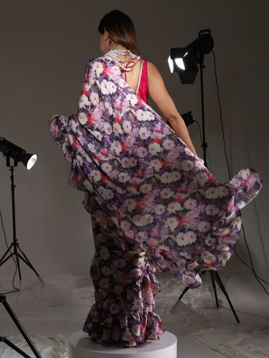 Tikhi Imli Floral Printed Satin Saree | Swadesiicart