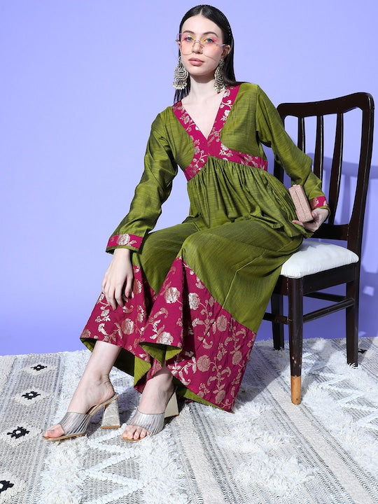 InWeave Women's Olive Wine Brocade Mughal Shaan Kurta Palazzo Set - Swadesiicart