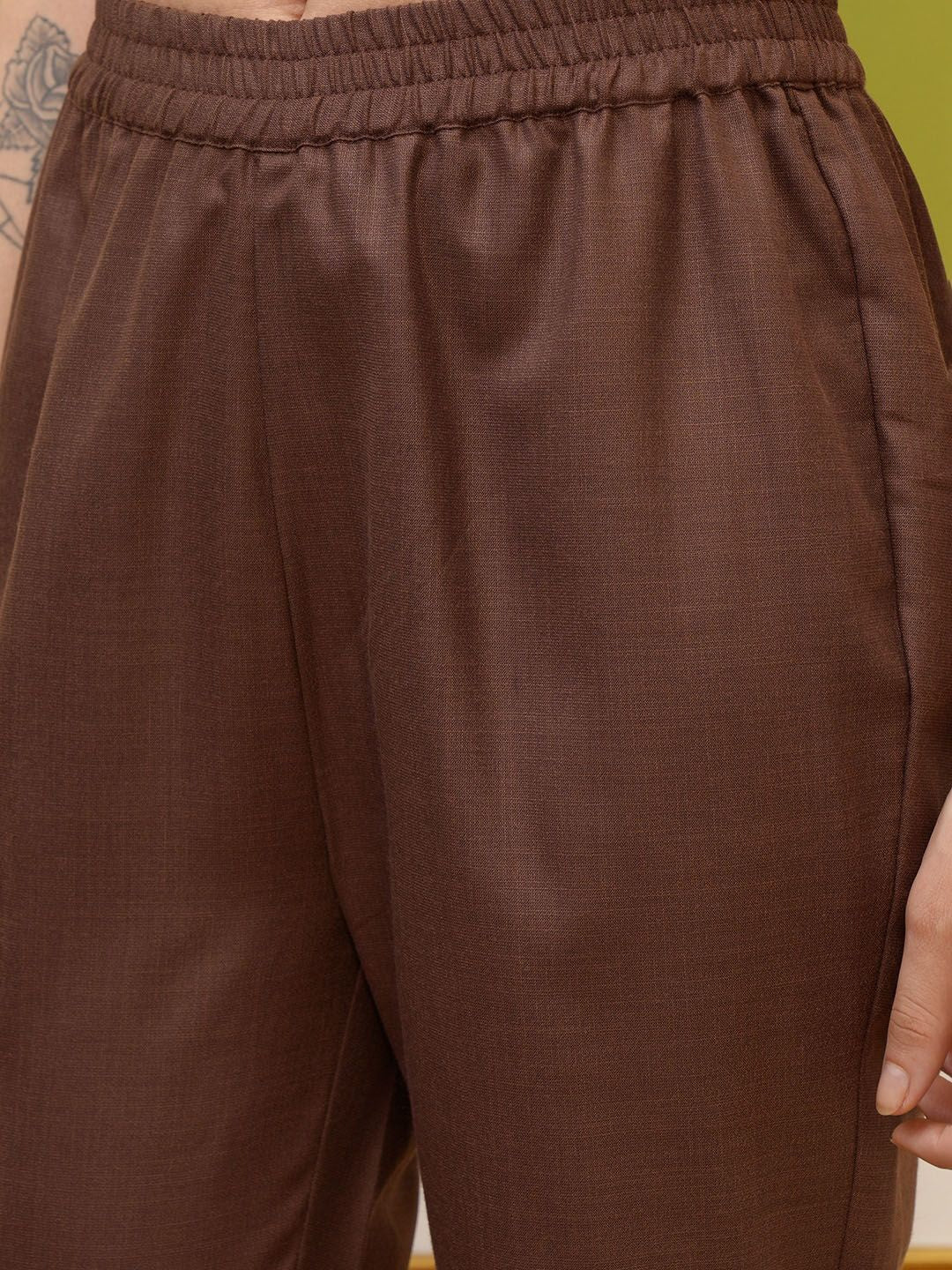 Vishudh Brown Ethnic Motifs Embroidered Kurta & Trousers With Dupatta - Swadesiicart