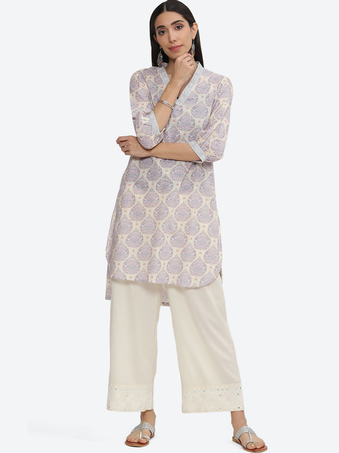Biba V-Neck Ethnic Motifs Printed Pure Cotton Kurta - Swadesiicart