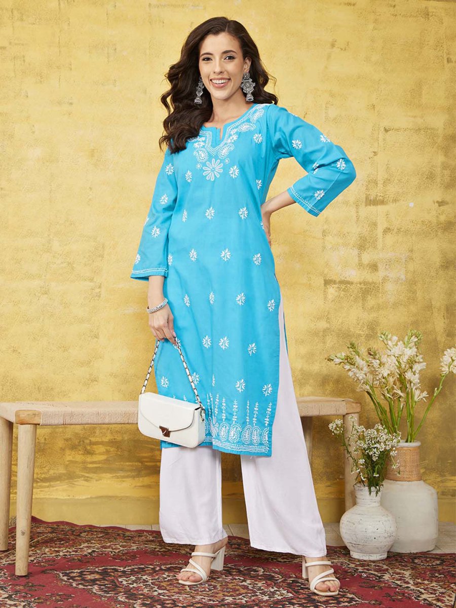 ADA Ethnic Motifs Embroidered Lucknowi Chikankari Kurta | Swadesiicart