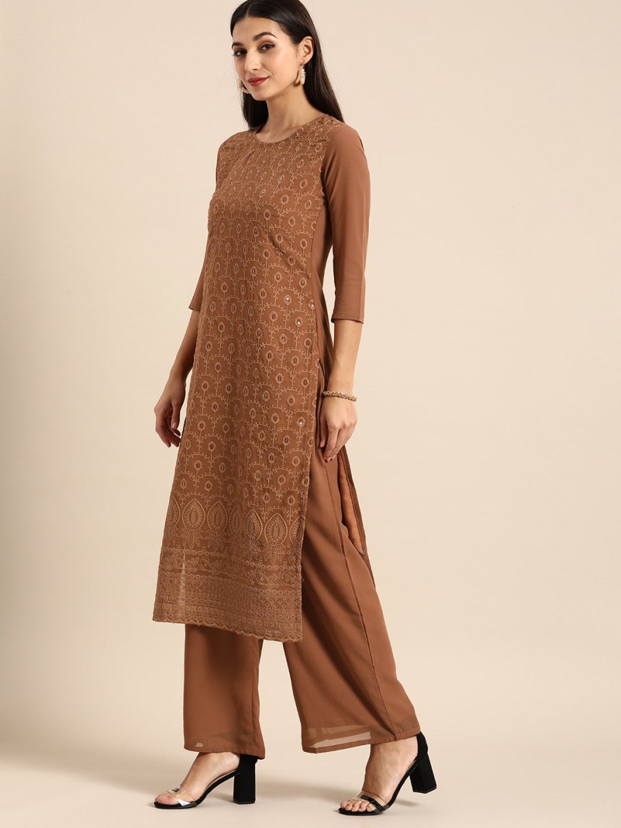 All About You Women Brown Ethnic Motifs Embroidered Chikankari Kurta with Palazzos | Swadesiicart
