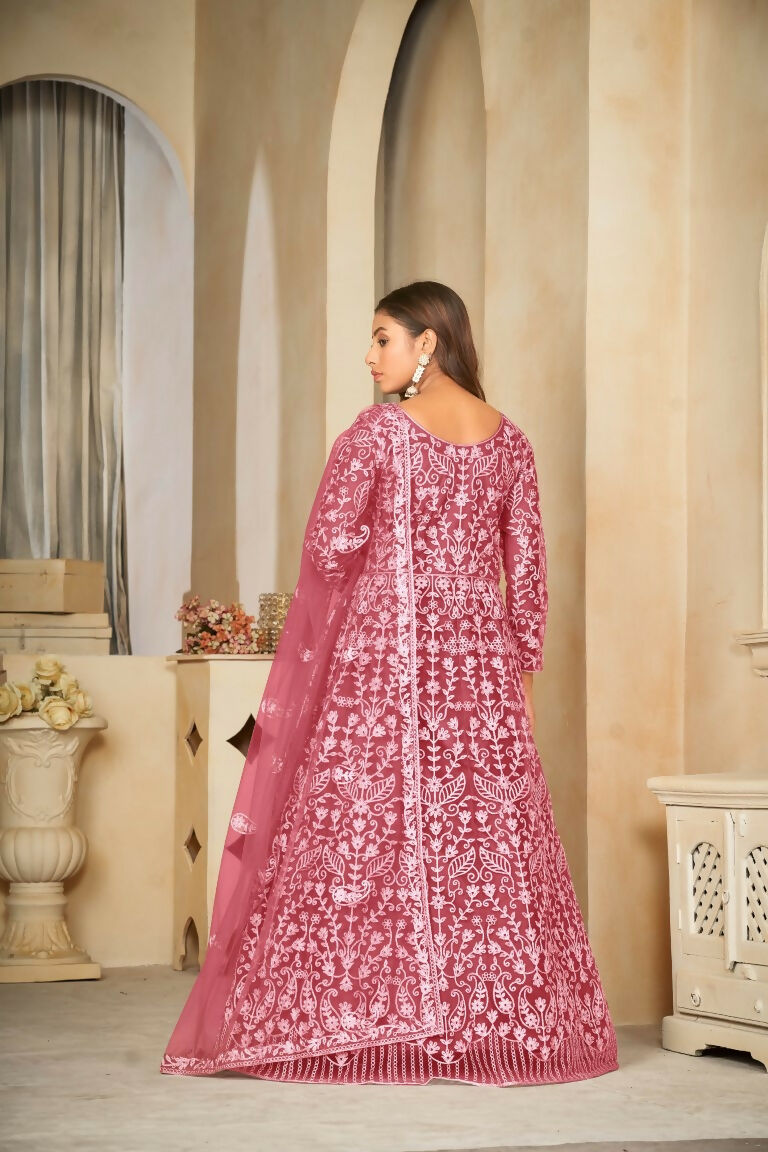 Jyoti Fashion Women's Gajri Net Embroidered Anarkali Kurta Pant Set With Dupatta | Swadesiicart