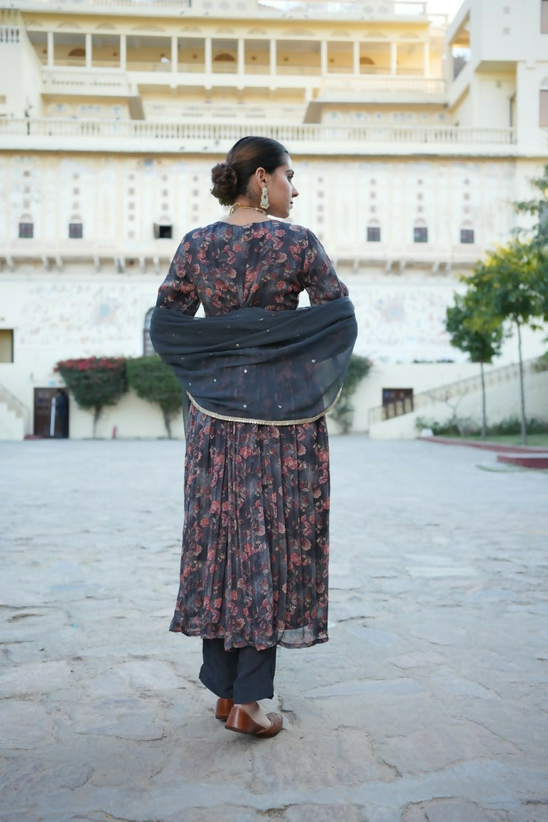 Vaasva Black Chinon Floral Embroidered Angrakha, Pant & Dupatta set | Swadesiicart
