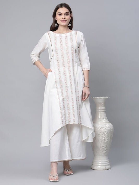 Ahalyaa Women's Off white Pure Cotton Printed Asymmetric Kurta Palazzo Set | Swadesiicart