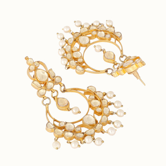 Nuyug 22K Gold Plated Kundan Studded Contemporary Shaped Pearl Drop Chandbalis | Swadesiicart
