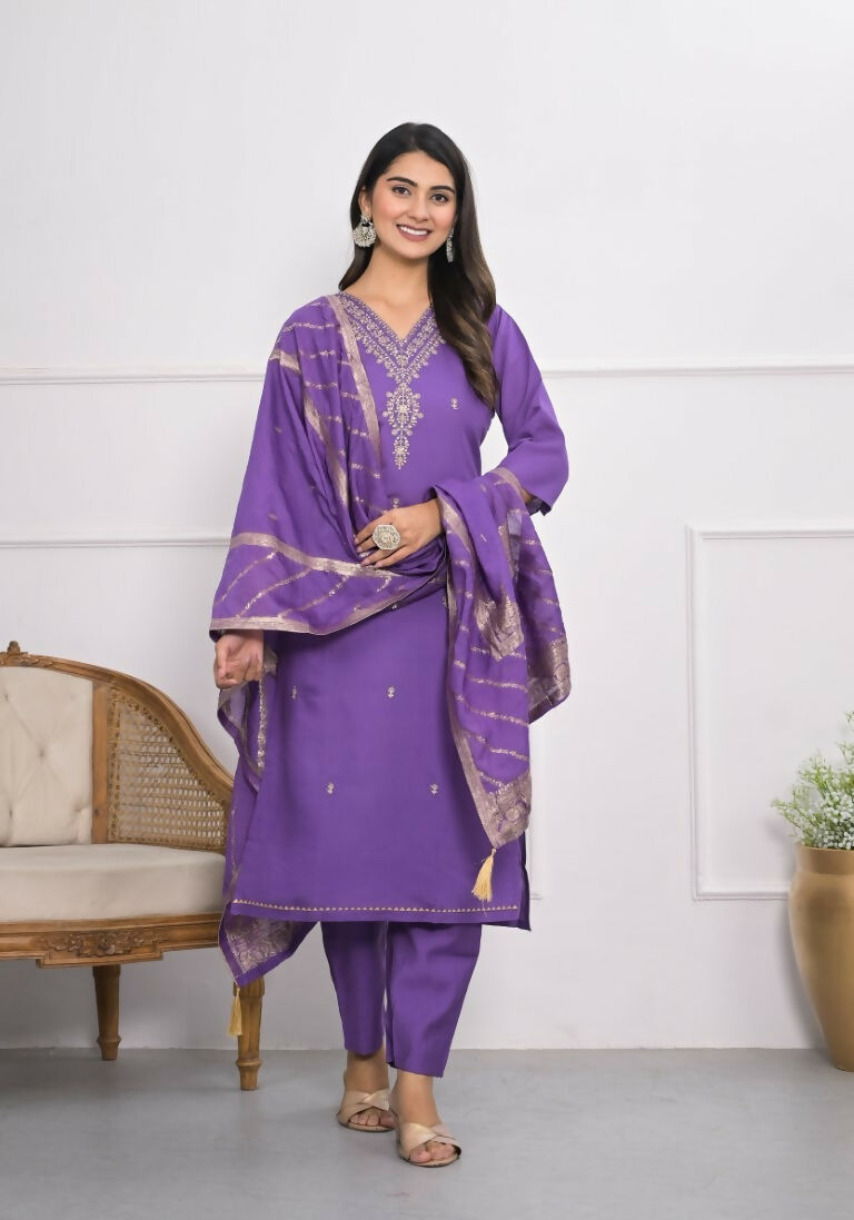 Purple Viscose Silk Embroidery with Thread and sequence Stitched Suit With Dupatta - Tanisha | Swadesiicart