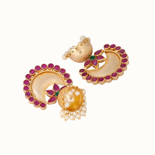 Nuyug 22K Gold Plated Ruby & Pearl Studded Dome Shaped Jhumkas | Swadesiicart