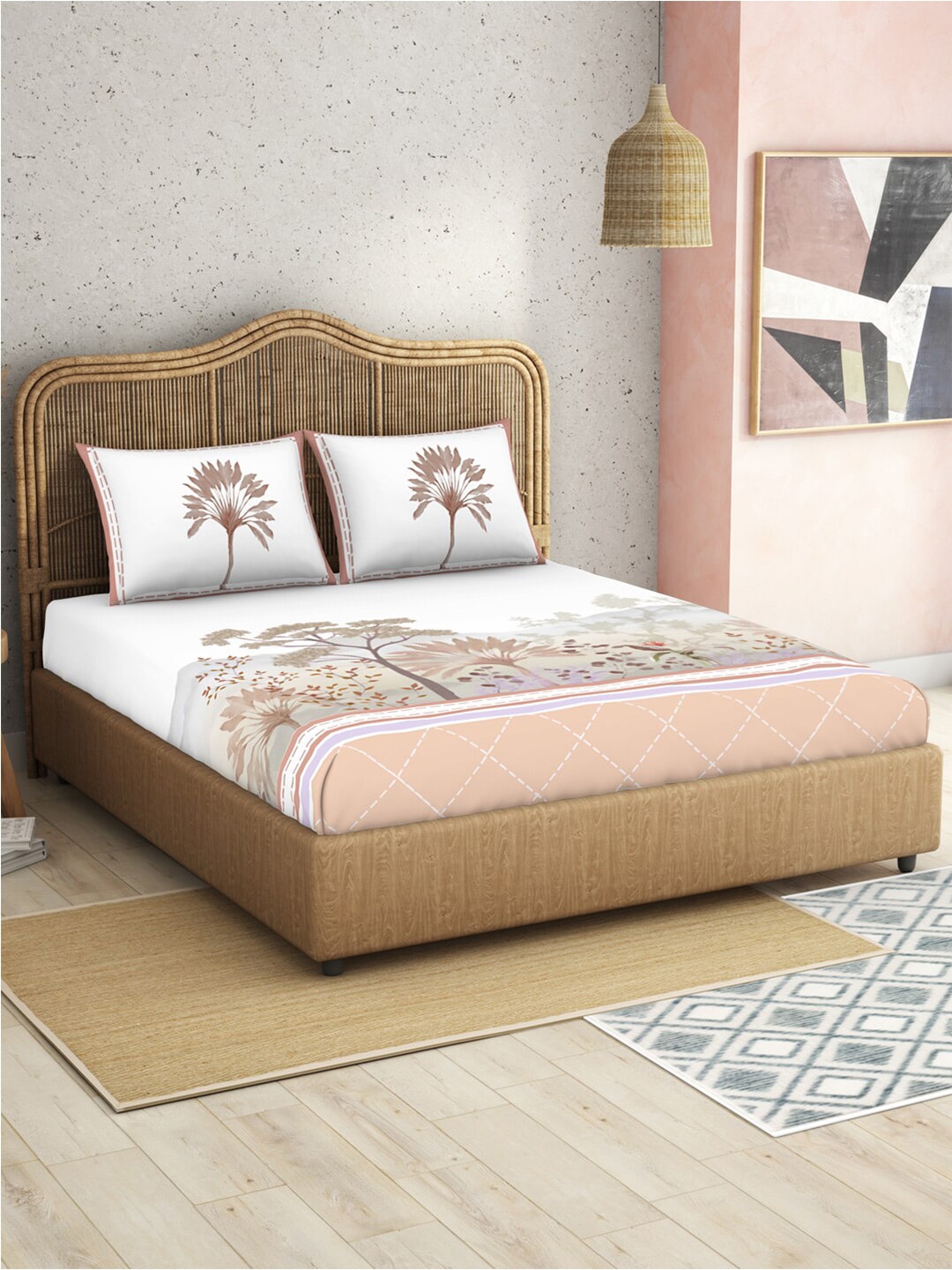 SPACES Kalakari Haath White Ethnic Motifs Cotton 210 TC King Bedsheet & 2 Pillow Covers - Swadesiicart