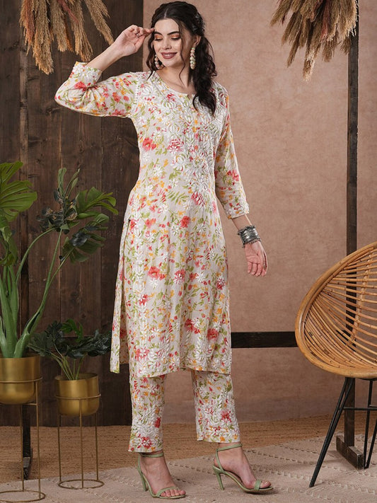 ADA Floral Printed Round Neck Regular Lucknowi Chikankari Kurta with Trousers | Swadesiicart