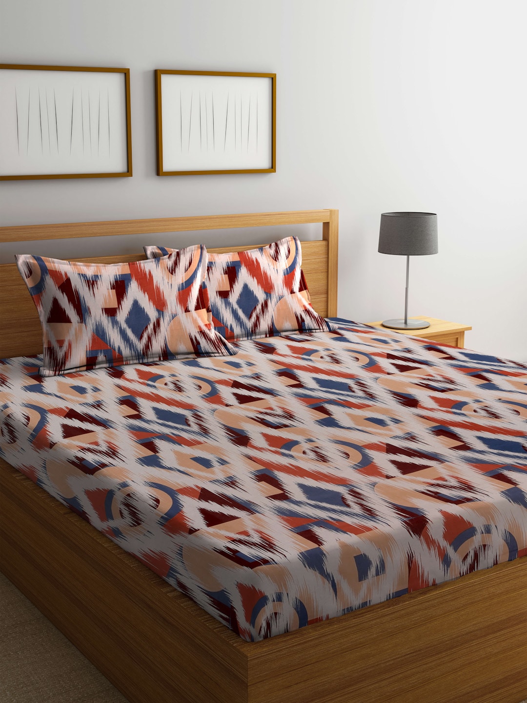 BOMBAY DYEING Marigold Brown Geometric Cotton 104 TC King Bedsheet & 2 Pillow Covers - Swadesiicart