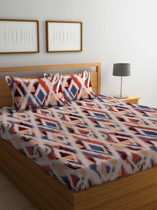 BOMBAY DYEING Marigold Brown Geometric Cotton 104 TC King Bedsheet & 2 Pillow Covers - Swadesiicart