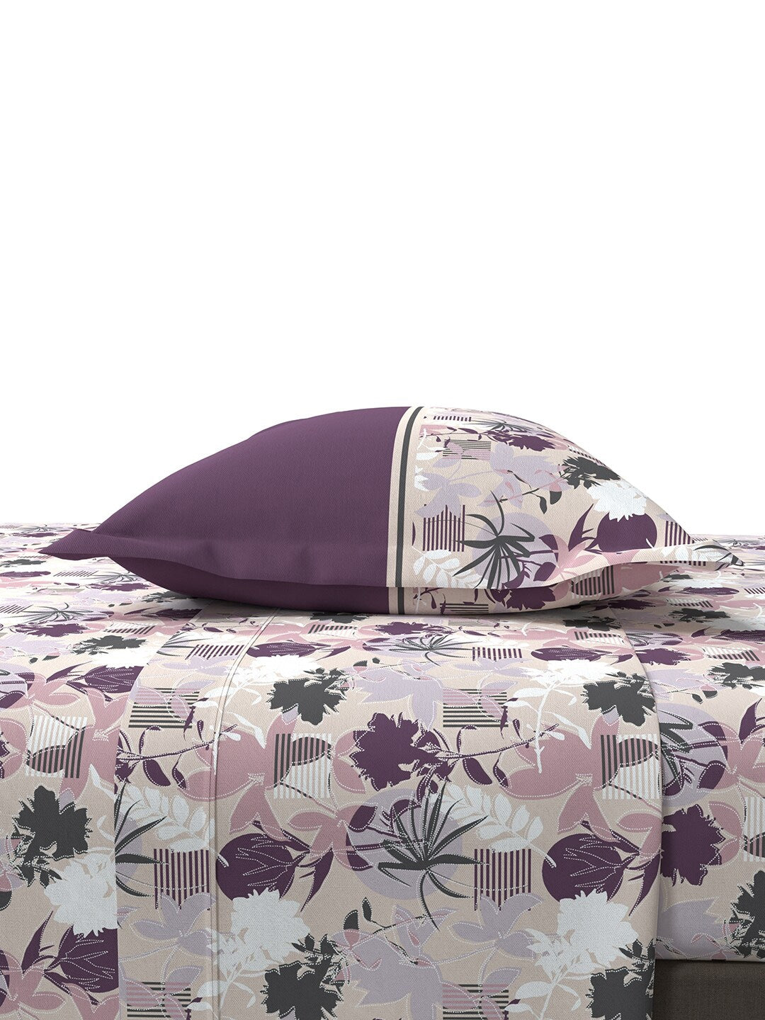 MYTRIDENT Mauve White Floral Cotton 144 TC Queen Bedsheet With 2 Pillow Covers - Swadesiicart