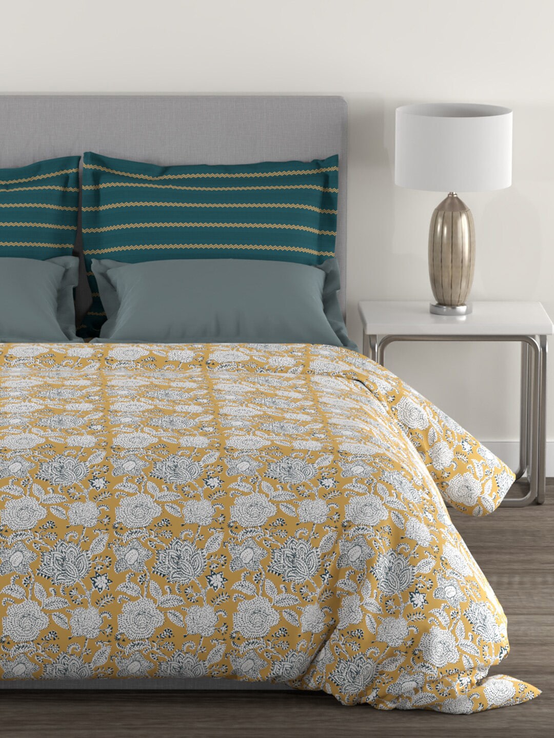 MYTRIDENT Mustard White Floral Cotton 144 TC Queen Bedsheet With 2 Pillow Covers - Swadesiicart
