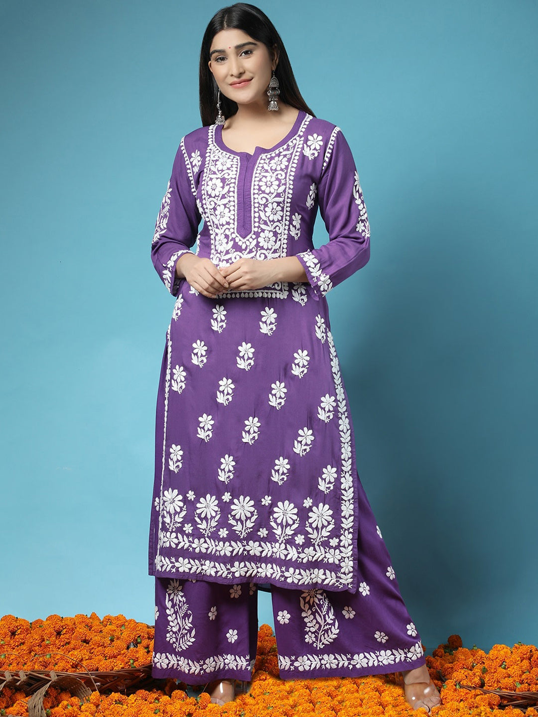 HOUSE OF KARI Women Purple Floral Embroidered Chikankari Pure Cotton Kurta with Palazzos | Swadesiicart