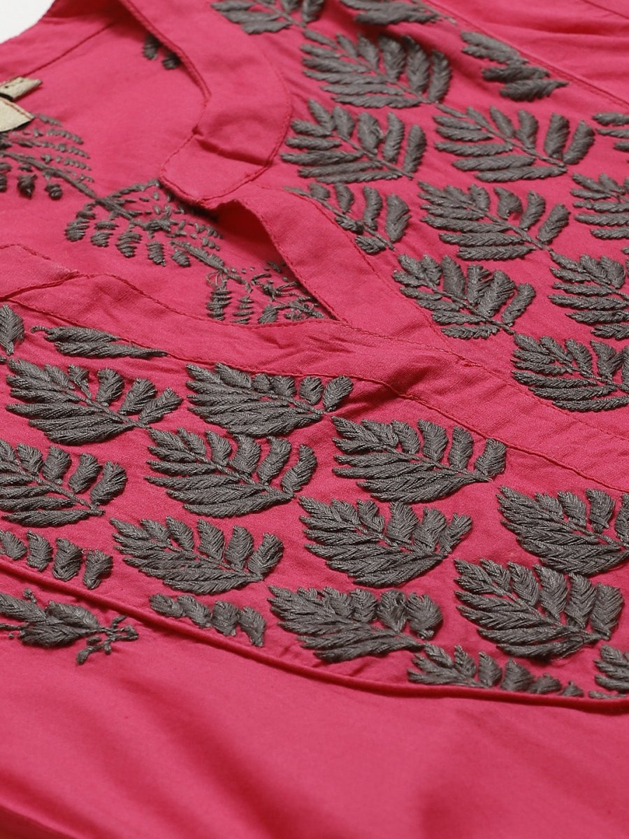 ADA Women Pink & Charcoal Grey Chikankari Embroidered Sustainable Handloom Kurta with Trousers | Swadesiicart