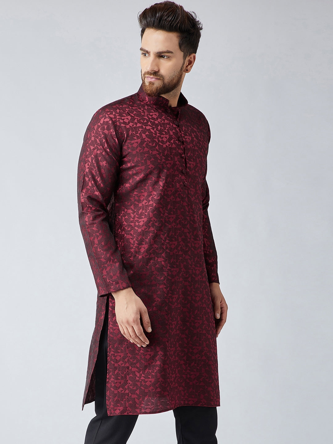 Sojanya Men Maroon Woven Design Straight Kurta | Swadesiicart