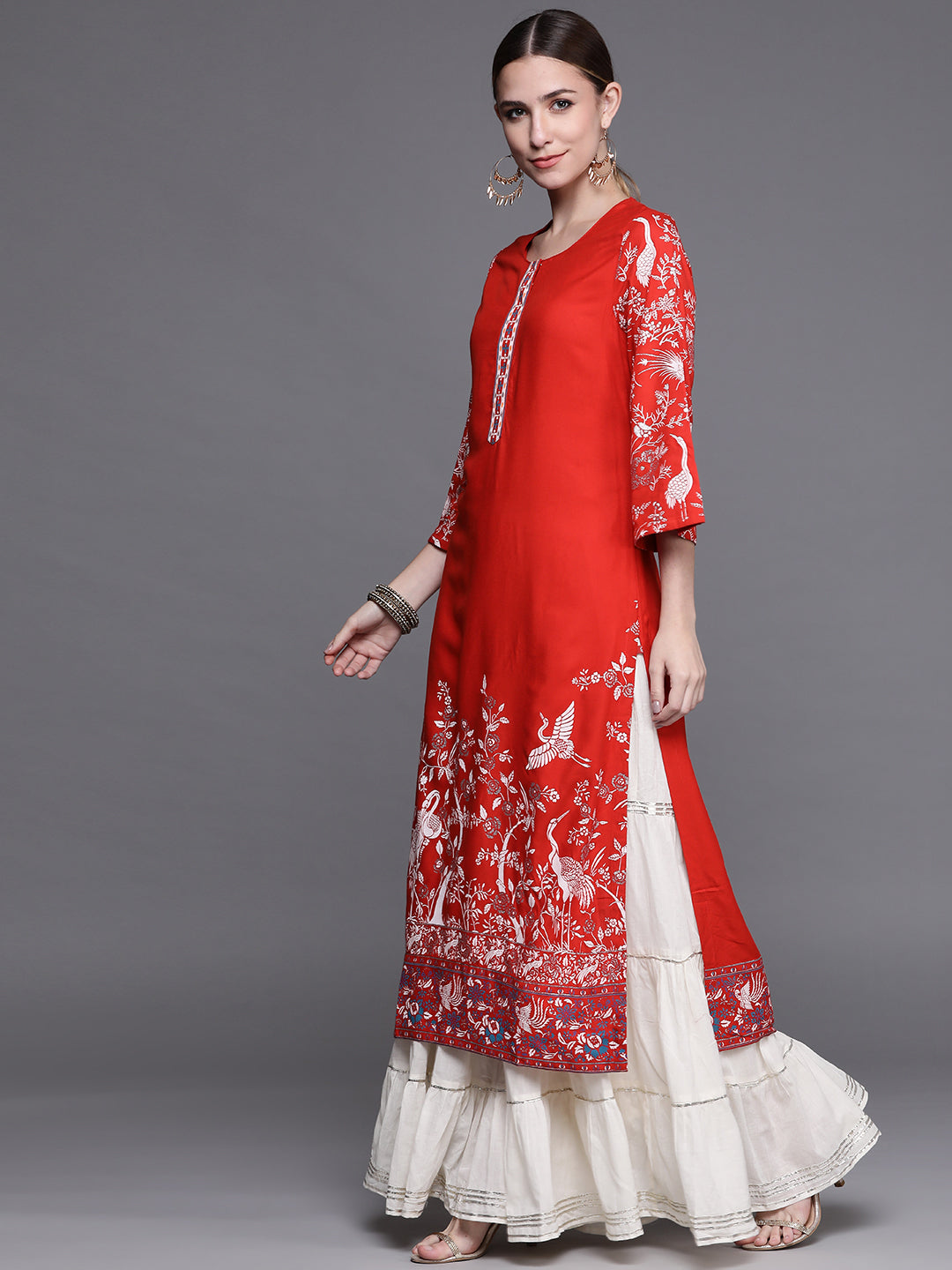 Biba Women Red Floral Printed Extended Sleeves Kurta - Swadesiicart