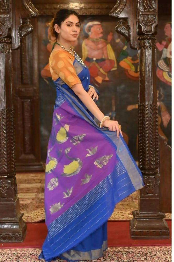 Very Much Indian Handloom Pure Cotton Paithani Swan Pallu-Marine Blue | Swadesiicart