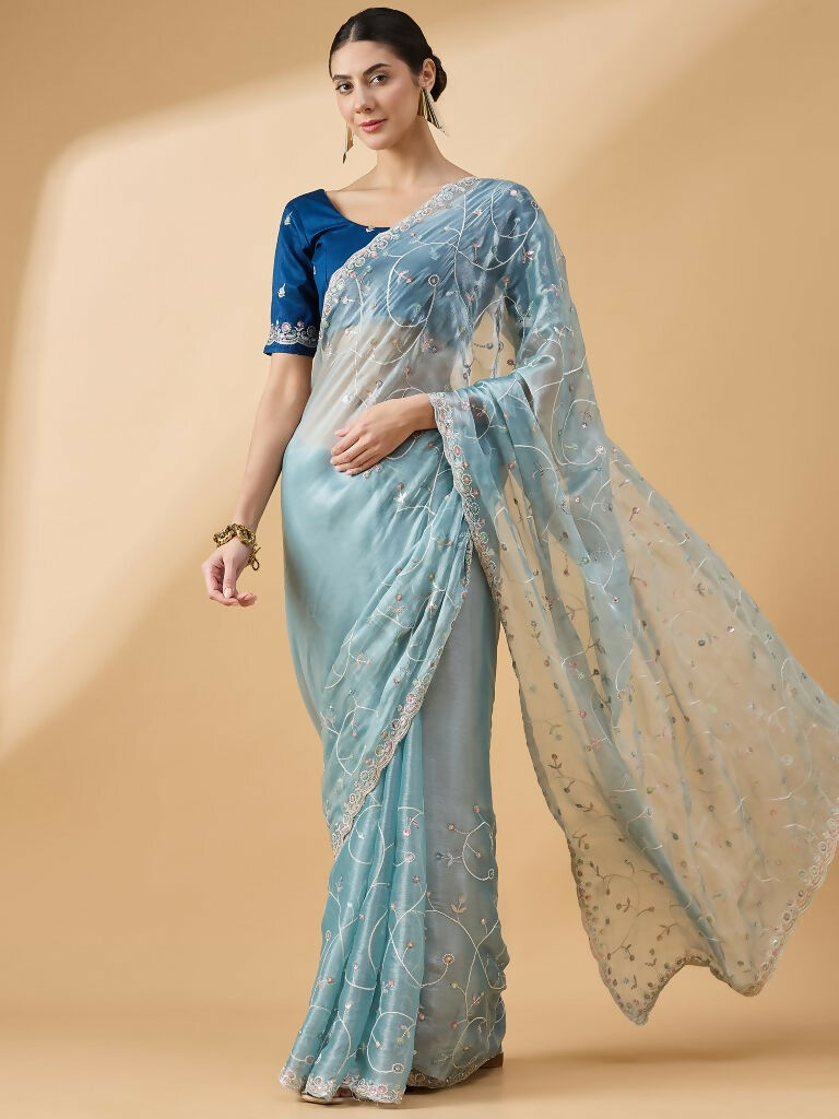 Blue Organza Sequence Embroidered Saree with Unstitched Blouse - Satya