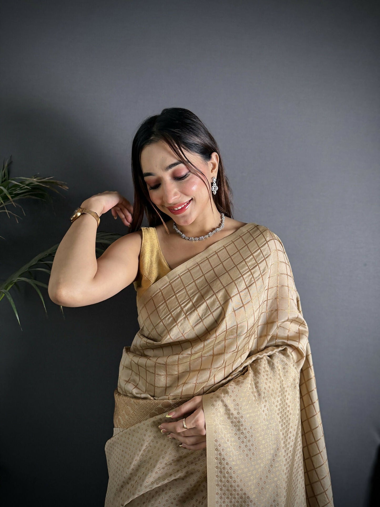 Joban Fashion Ivory Banarasi Soft Lichi Silk Checks & Woven Saree | Swadesiicart