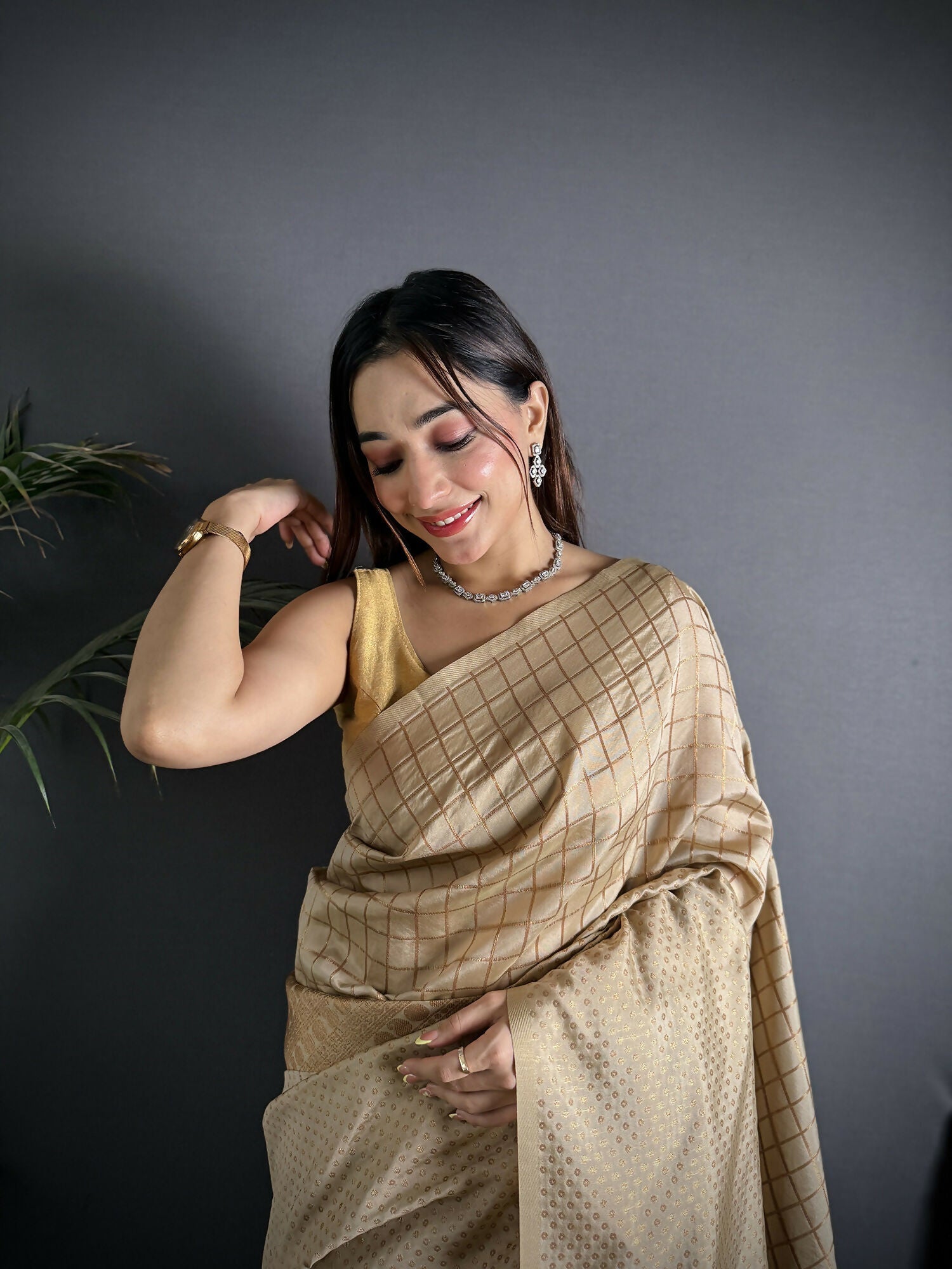Joban Fashion Ivory Banarasi Soft Lichi Silk Checks & Woven Saree | Swadesiicart