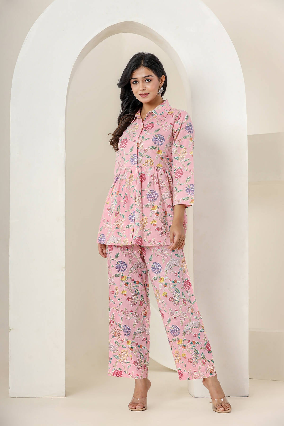 Kaajh Women's Baby Pink Printed Cotton Co-ord Set - Swadesiicart