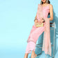 Ahalyaa Women Pastel Pink Colour Organza Glitter Printed Kurta Pant Set With Dupatta | Swadesiicart