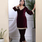 Miravan Women's Wine Embroidered Velvet Co-ord Set - Swadesiicart
