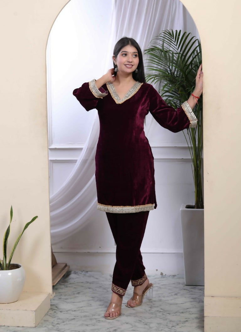 Miravan Women's Wine Embroidered Velvet Co-ord Set - Swadesiicart